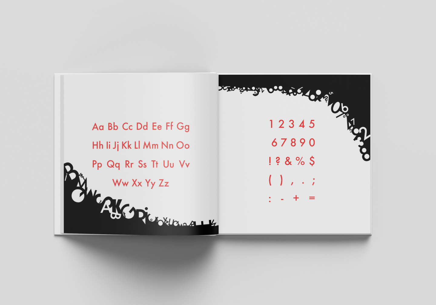 Spread of Futura book, on the right showing all the letters, on the left showing all numbers and most common characters. Done by Stephanie Reid Designs