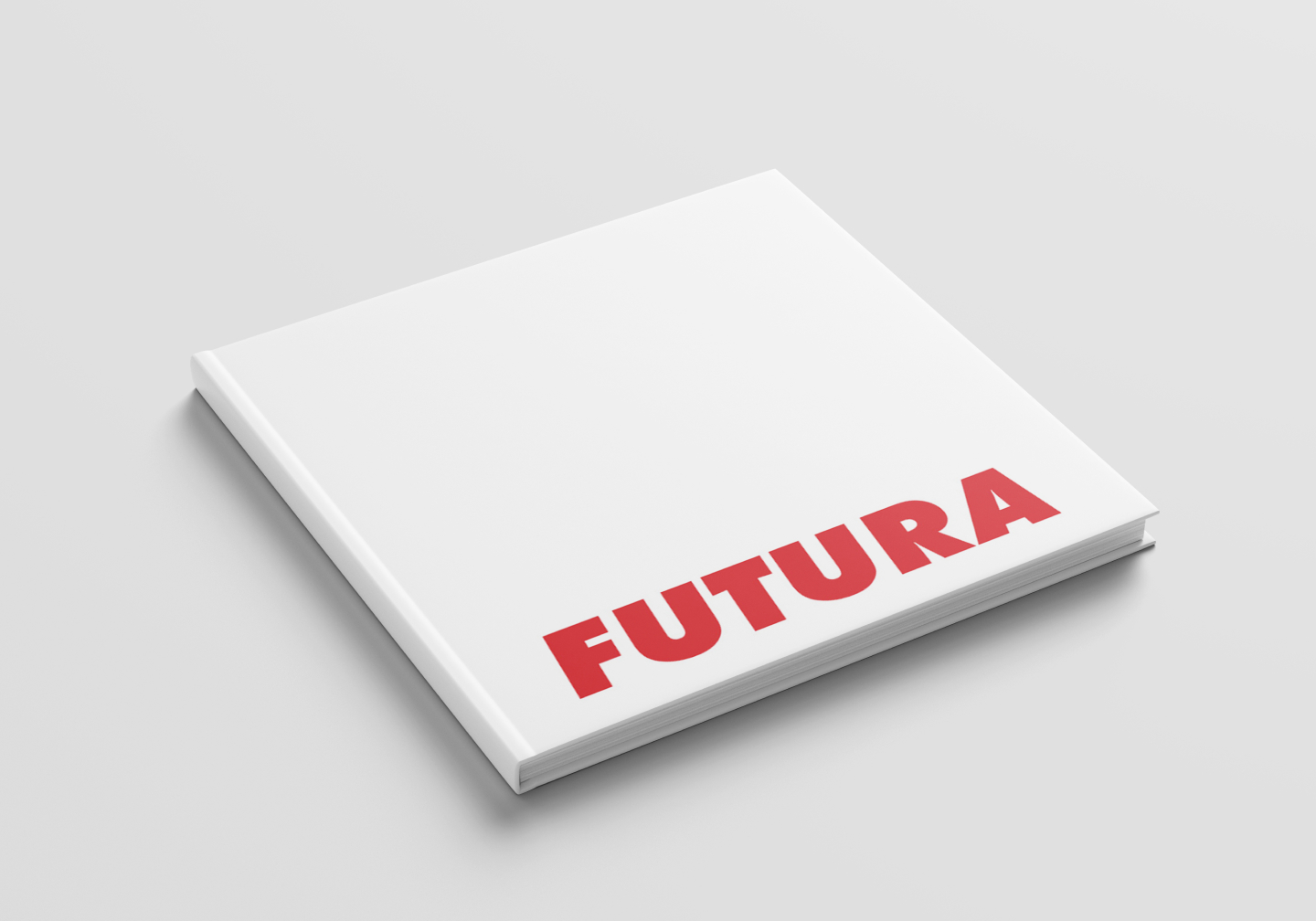 Cover of a white square book with red letters saying Futura. Done by Stephanie Reid Designs