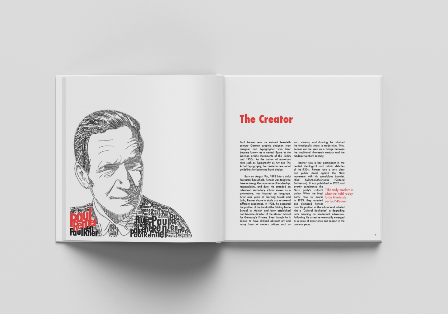 Image of open Futura book. On the right is an illustation of the creater of Furtura, made out of words in the furutra font. On the right is text about the creator, Paul Renner. Done by Stephanie Reid Designs