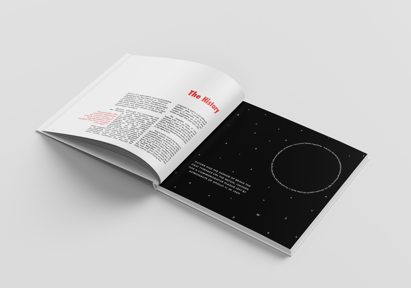 Image of open Futura book. The right page showcasing the history of the furtura typeface. The left side is an illustation of the night sky with letters used as stars and words used to create a circle to look like the moon. Futura was the first typeface on the moon. Done by Stephanie Reid Designs