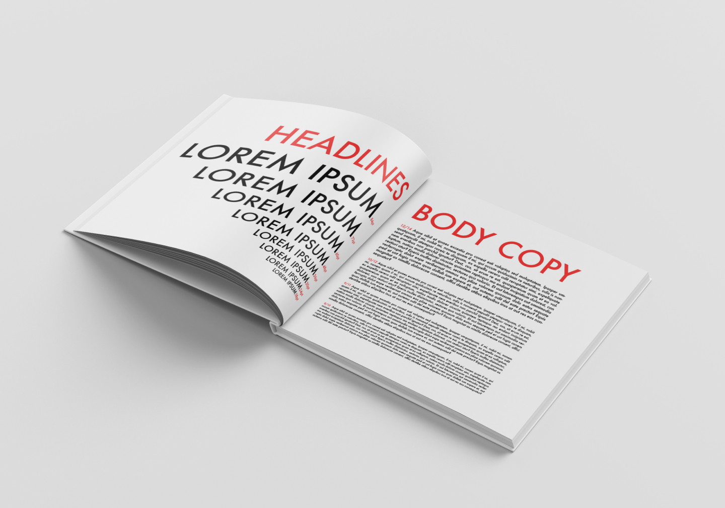 Spread of futura book. On the left showing what the typeface looks like as Headline sized. On the right, showing what the typeface looks like in body copy size. Done by Stephanie Reid Designs