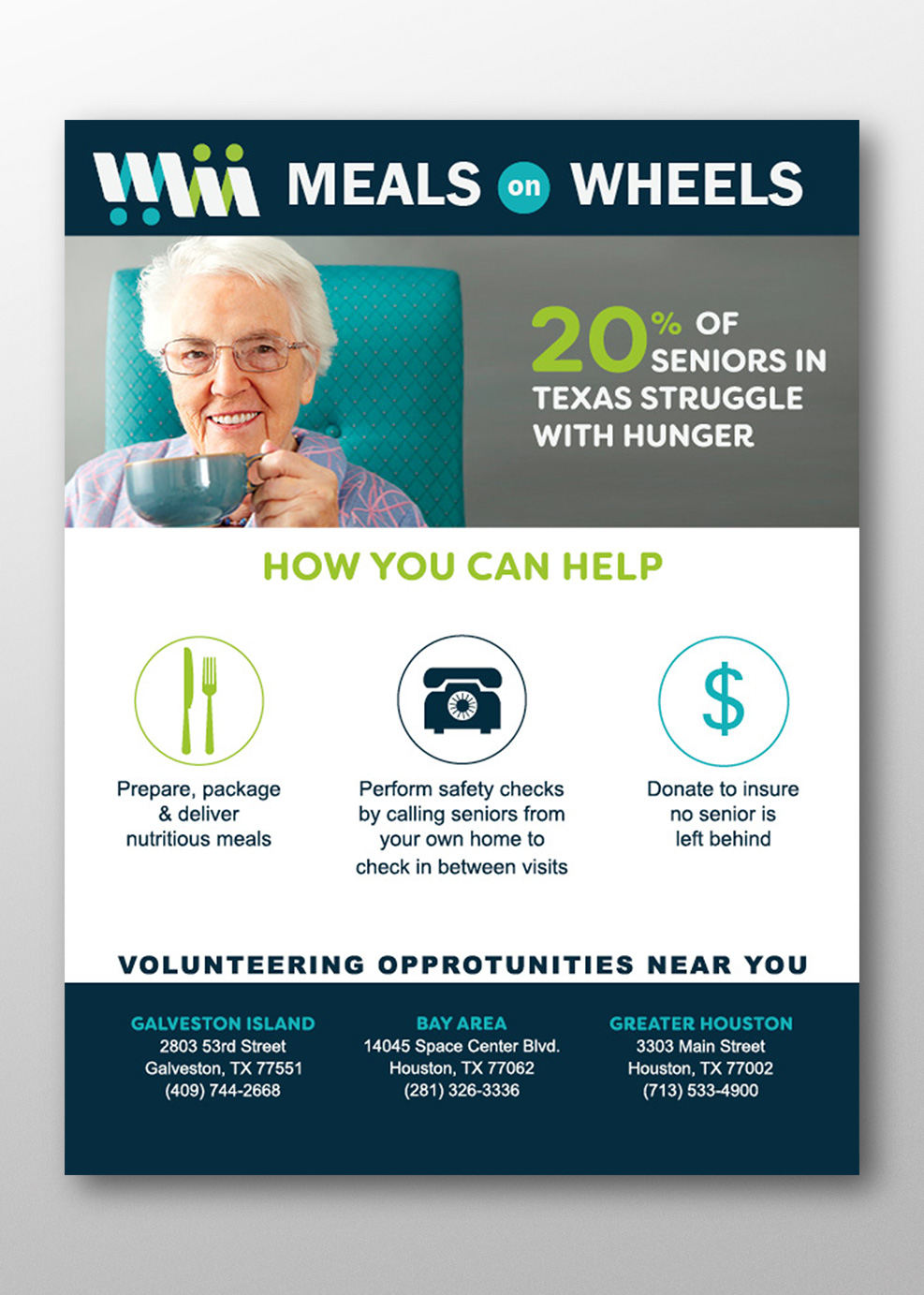 An image of a flier advertsing ways to help the Meals on Wheels Organization with a statistic that 20% of seniors in Texas face hunger. Flier depicts older, white haired, woman drinking from a coffee mug. Done by Stephanie Reid Designs