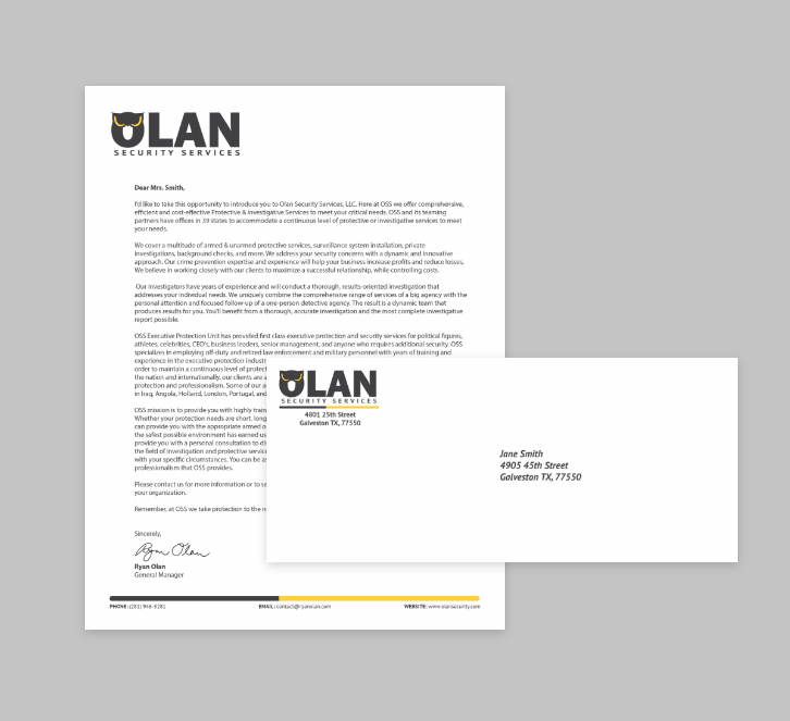 Image of Olan Security Services letterhead, and envelope. Done by Stephanie Reid Designs