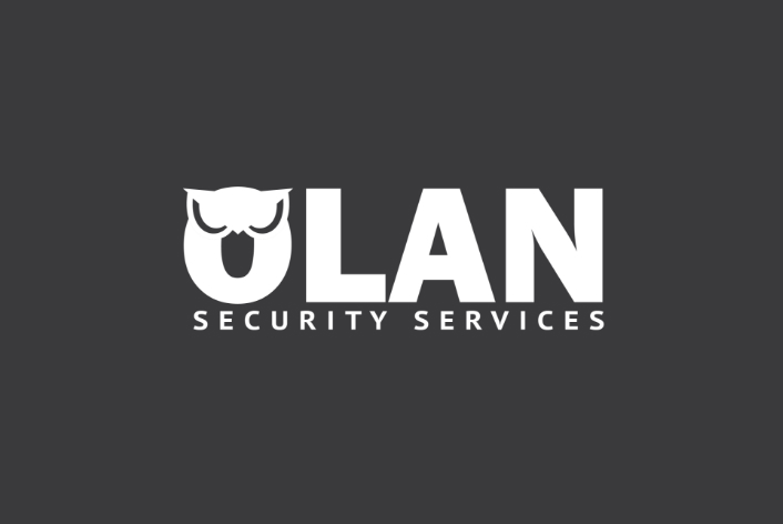 White version variation of Olan Security Services logo on dark grey background. Done by Stephanie Reid Designs