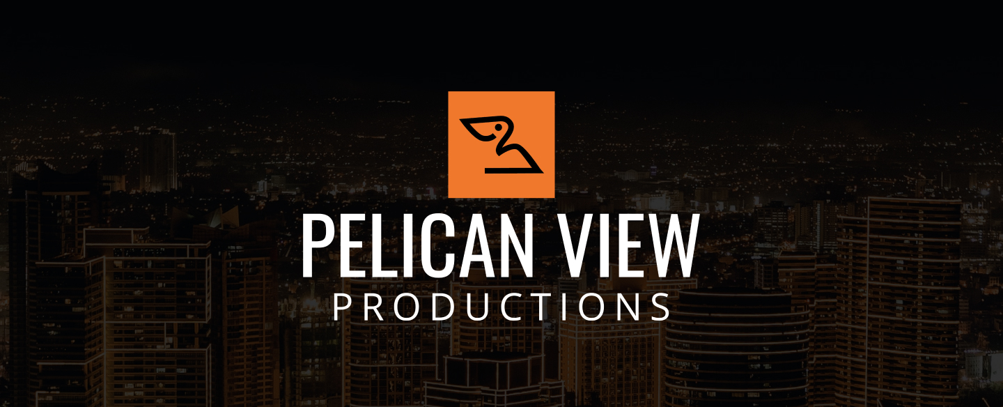 Pelican View Production full center stacked logo on a background image of a dark nighttime cityscape.