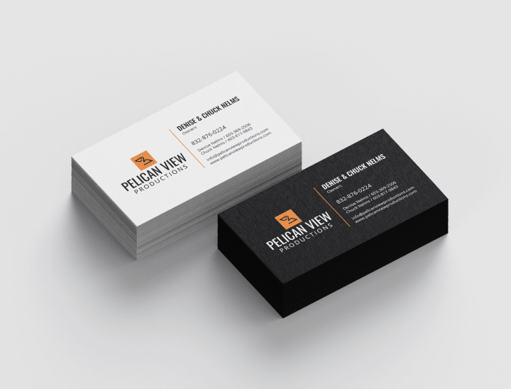 Image of white and black versions of business cards to Pelican View Productions.