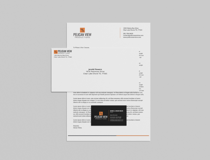 Photo of Pelican View Productions letterhead, envelope, and black business card.