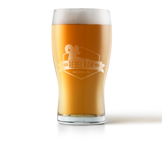 Image of rebel ram logo on a pint glass. Done by Stephanie Reid Designs