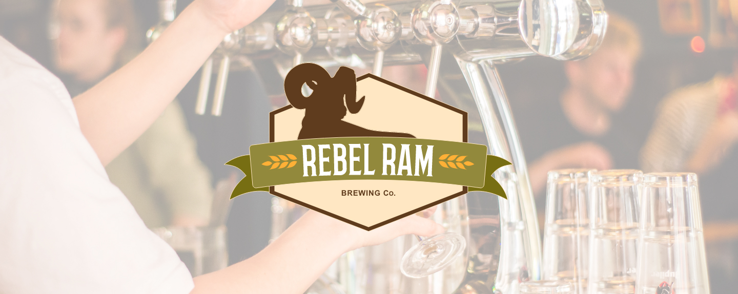 Image of full color Rebel Ram Logo on a background image of a mans arm pouring beer from the tap at a bar. Done by Stephanie Reid Designs