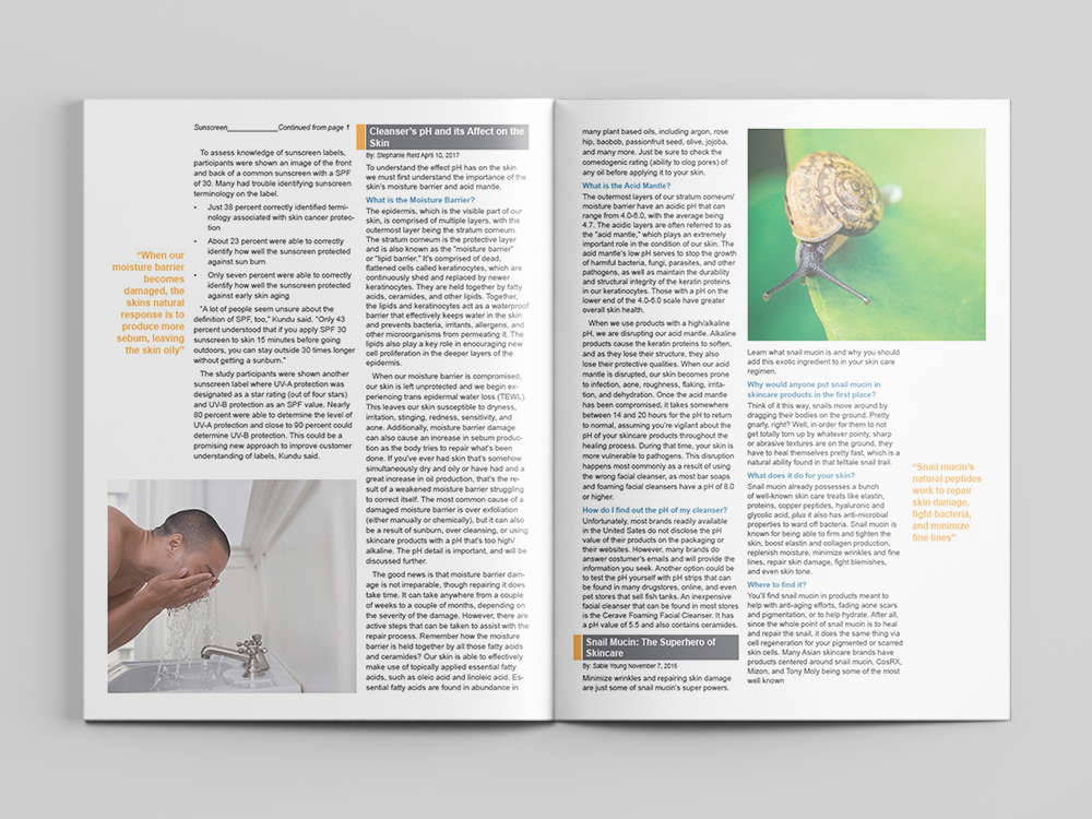 The inside spread of the newsletter featuring two articles about skincare pH and snail mucin with an image of a black man washing his face and an image of a snail on a leaf. Done by Stephanie Reid Designs