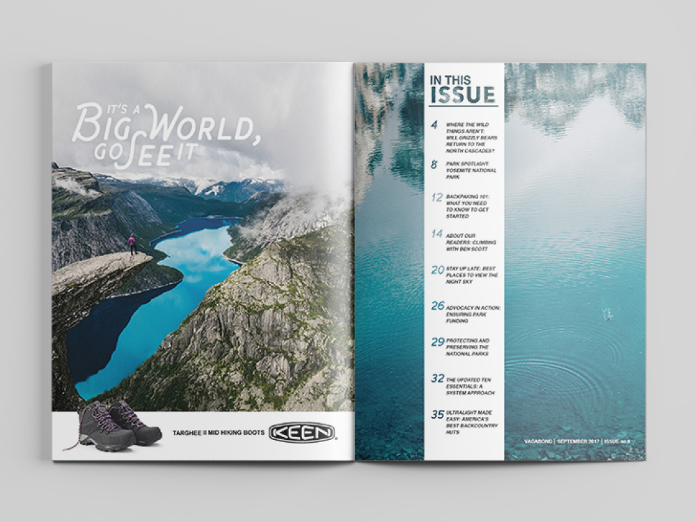 Inside cover of vagabond magazine. On the left side is an ad for keen female hiking boots. On the left is the table of contents. done by Stephanie Reid Designs