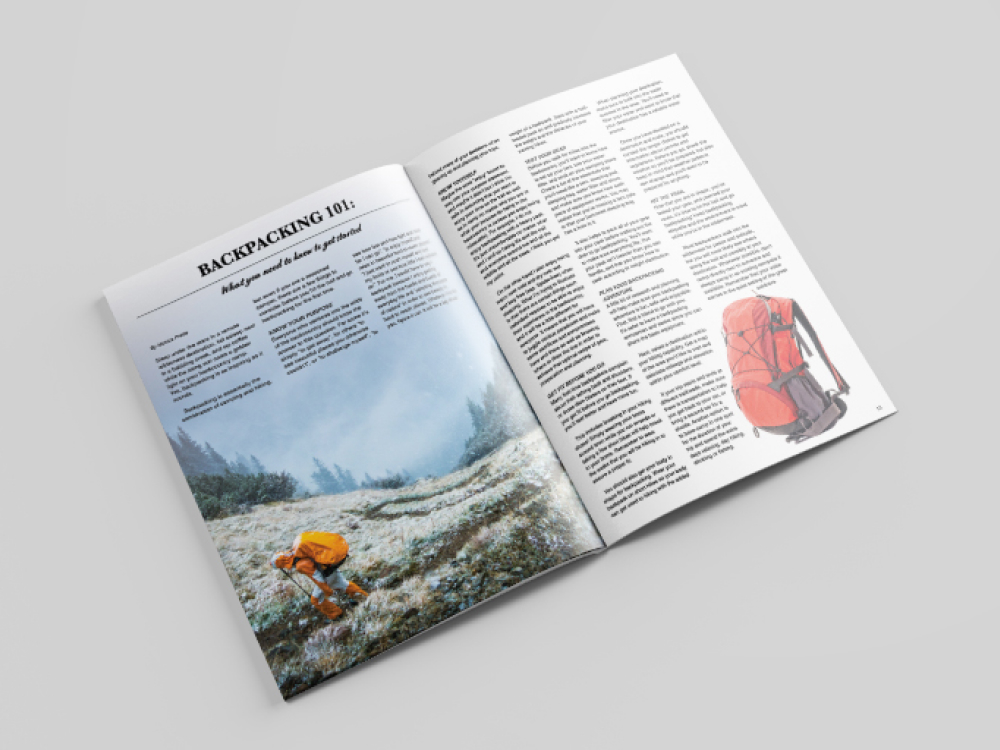 An article spread for vagabond magazine on Backpacking 101 with an image of a backpaker on an icy trail and a cut out red backpack with text wrapping around its shape. done by Stephanie Reid Designs