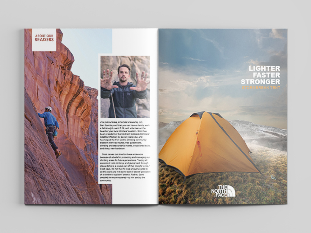 The inside back cover of vagabond magazine with the left page being a spotlight on a reader who is a rock climber. The left page is an ad for the north face company with an image of an orange stormbreak tent. done by Stephanie Reid Designs