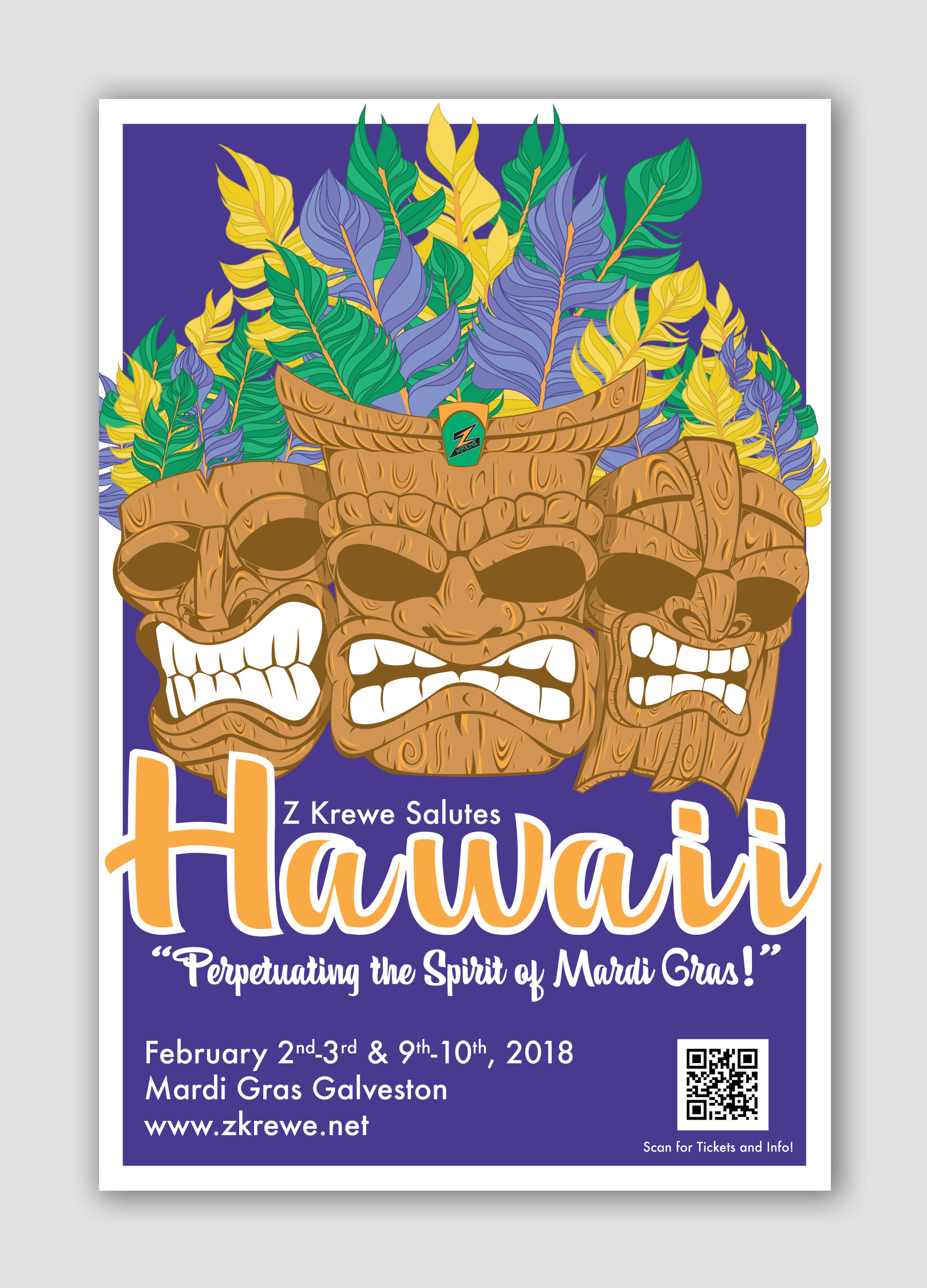 image of zkrewe mardi gras poster advertising a salute to Hawaii. Poster depicts three tiki masks with yellow, purple, and green mardi gras feathers on their heads done by Stephanie Reid Designs